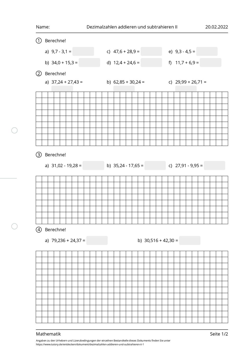 Dezimalzahlen Addieren Und Subtrahieren Arbeitsblatt Pdf Arbeitsblatt - Dezimalzahlen addieren und subtrahieren II - Mathematik