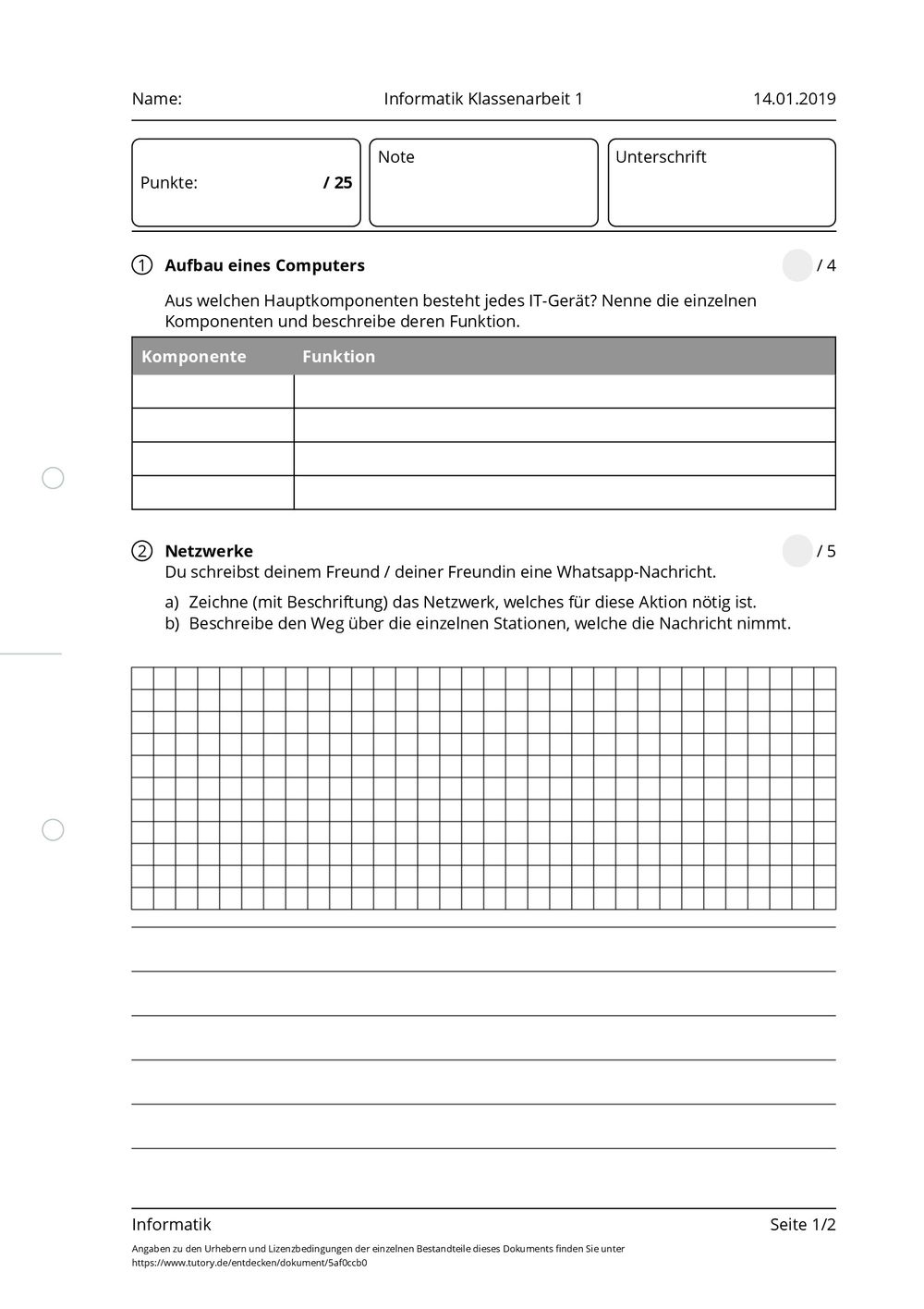Klassenarbeit Der Besuch Der Alten Dame Arbeitsblatt - Informatik Klassenarbeit 1 - Informatik - Mittlere Reife