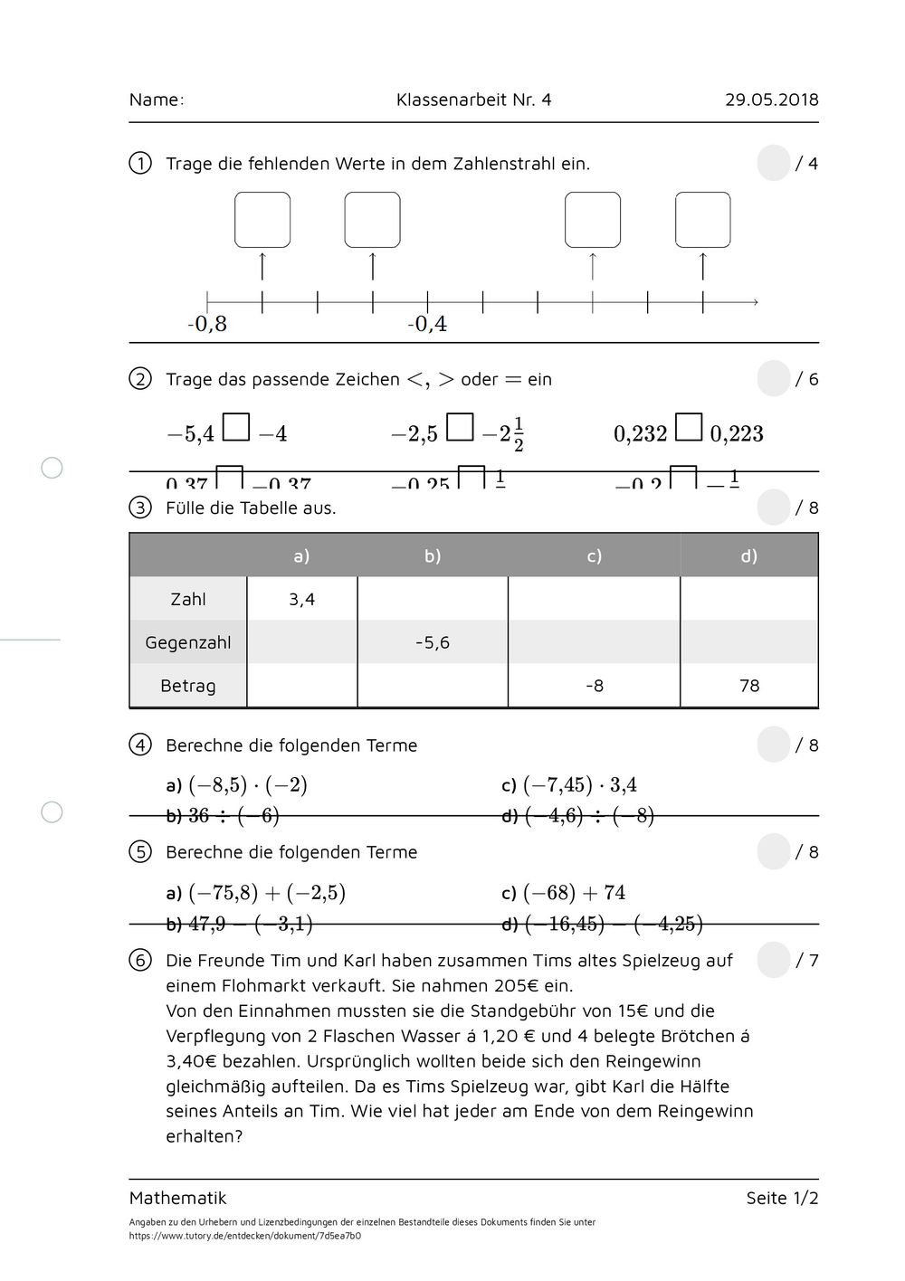 Klassenarbeit Der Besuch Der Alten Dame Arbeitsblatt - Klassenarbeit Nr. 4 - Mathematik - Mittlere Reife