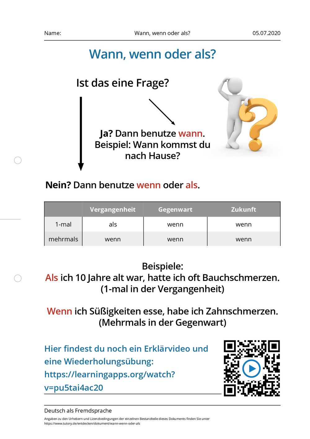Wann Bekommt Man Eine Steueridentifikationsnummer Arbeitsblatt - Wann, wenn oder als? - Deutsch als Fremdsprache - tutory.de