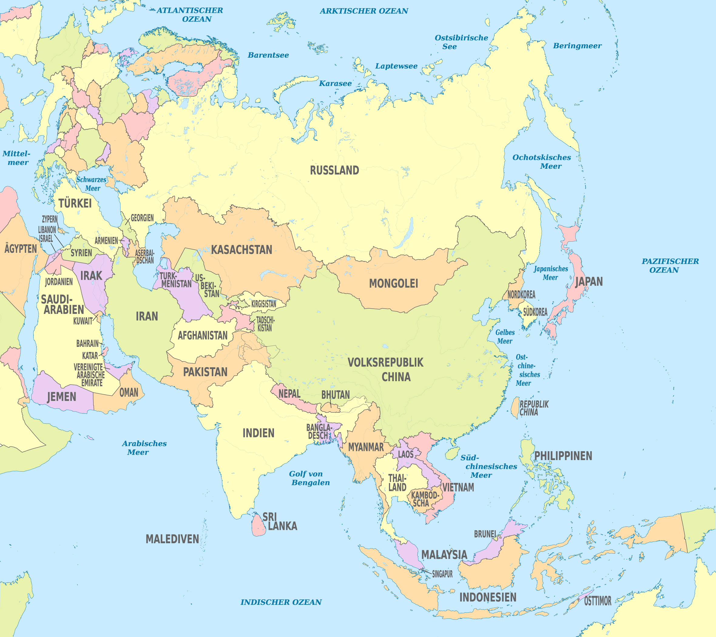 Asien Karte Mit Ländern Und Hauptstädten