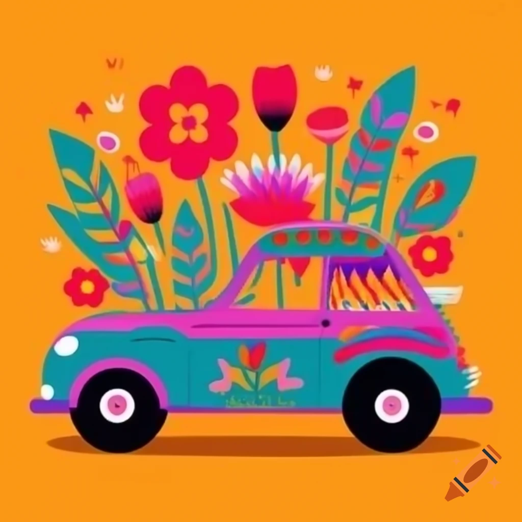 Firmenwagen Bei Krankheit über 6 Wochen Blue VW van adorned with flowers and birthday banner on Craiyon