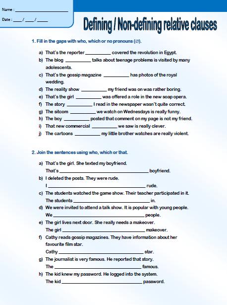 Defining Und Non Defining Relative Clauses Defining / Non-Defining Relative Clauses Worksheet
