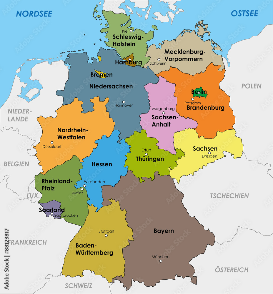 Hauptstädte Und Bundesländer Von Deutschland Deutschland Karte Bundesländer Landeshauptstädte Hauptstadt - Stock