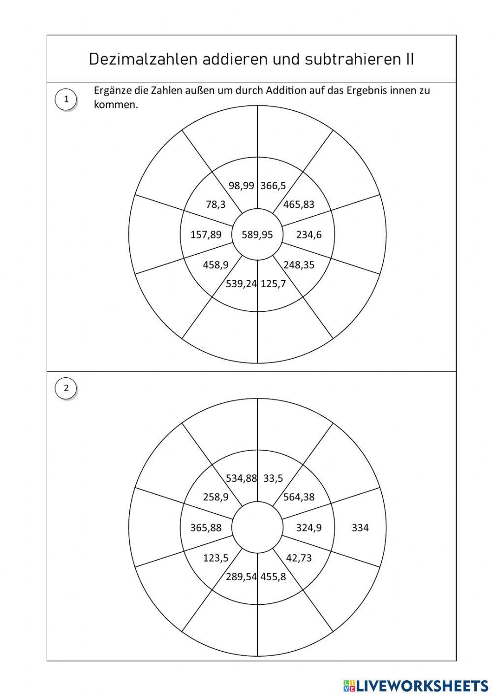 Dezimalzahlen Addieren Und Subtrahieren Arbeitsblatt Pdf