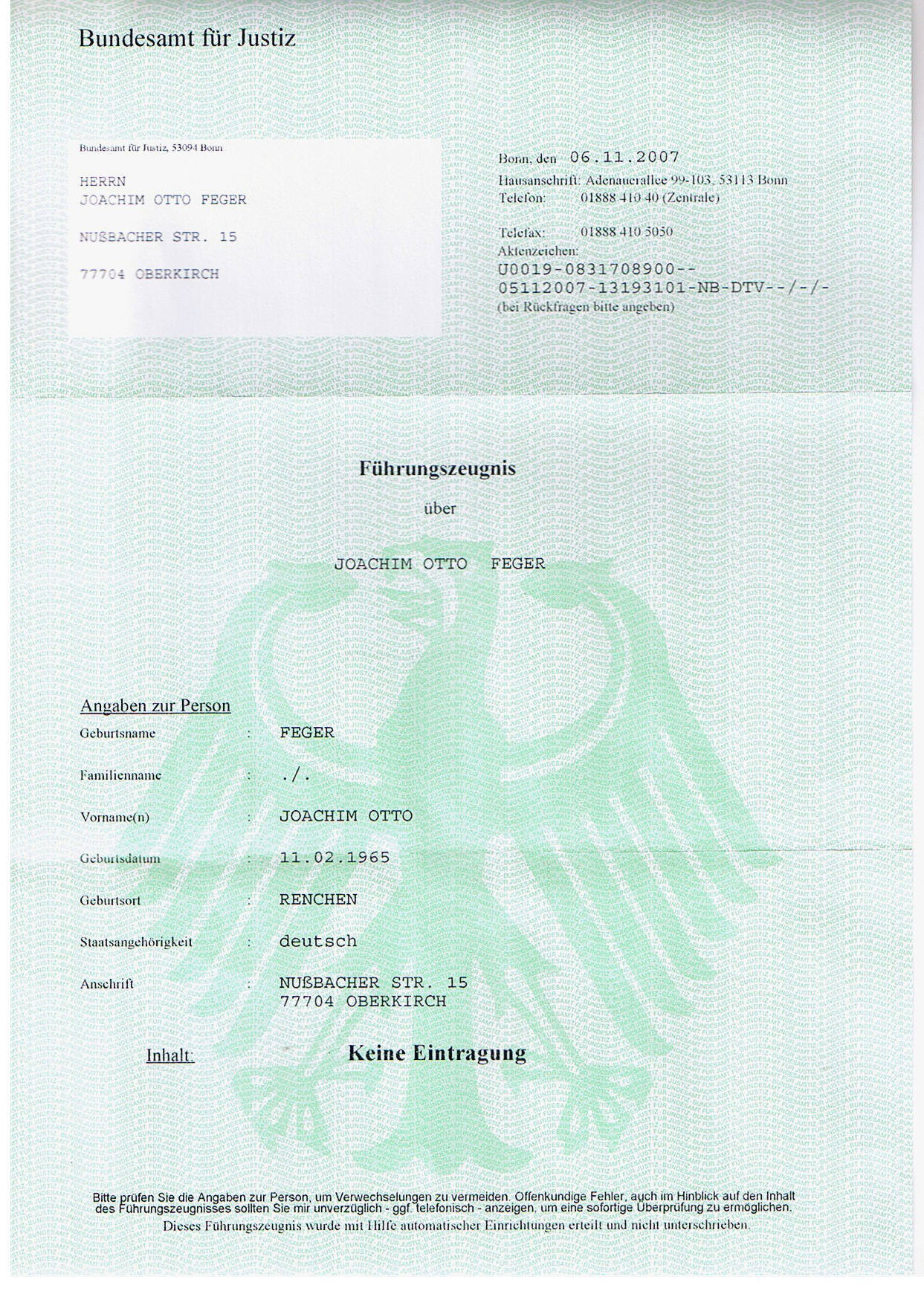 Polizeiliches Führungszeugnis Der Belegart O