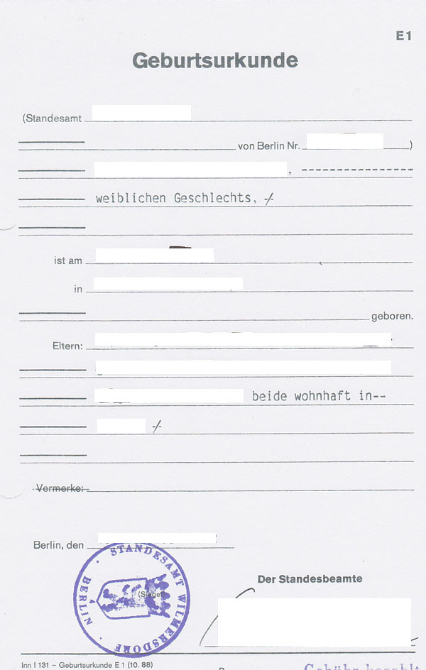 Geburtsurkunde Zur Beantragung Von Elterngeld Geburtsurkunde Deutschland - Musterübersetzungen