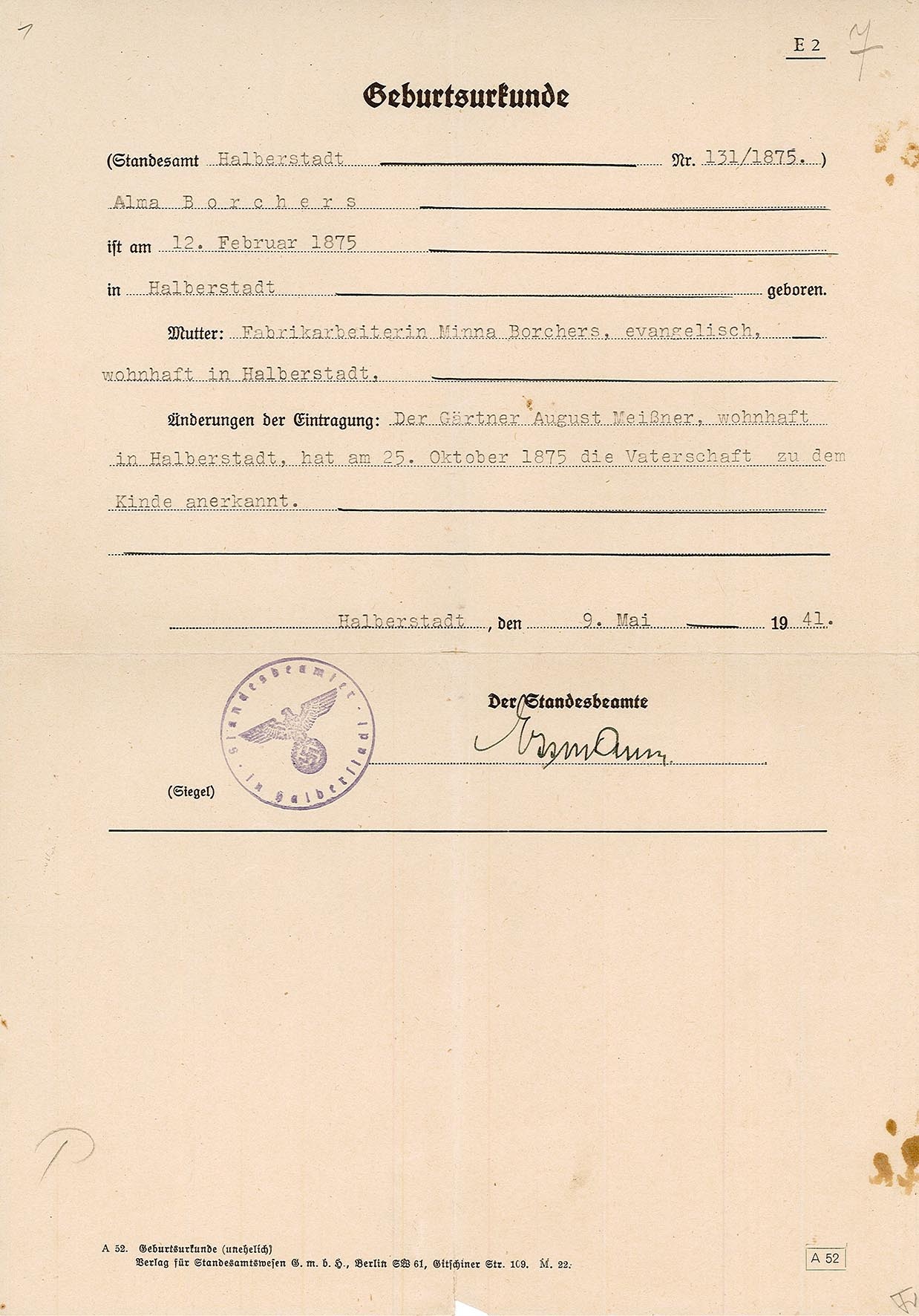 Woher Bekomme Ich Eine Geburtsurkunde Geburtsurkunde für Alma Borchers , 9. Mai 1941 (Abschrift) :: Museum