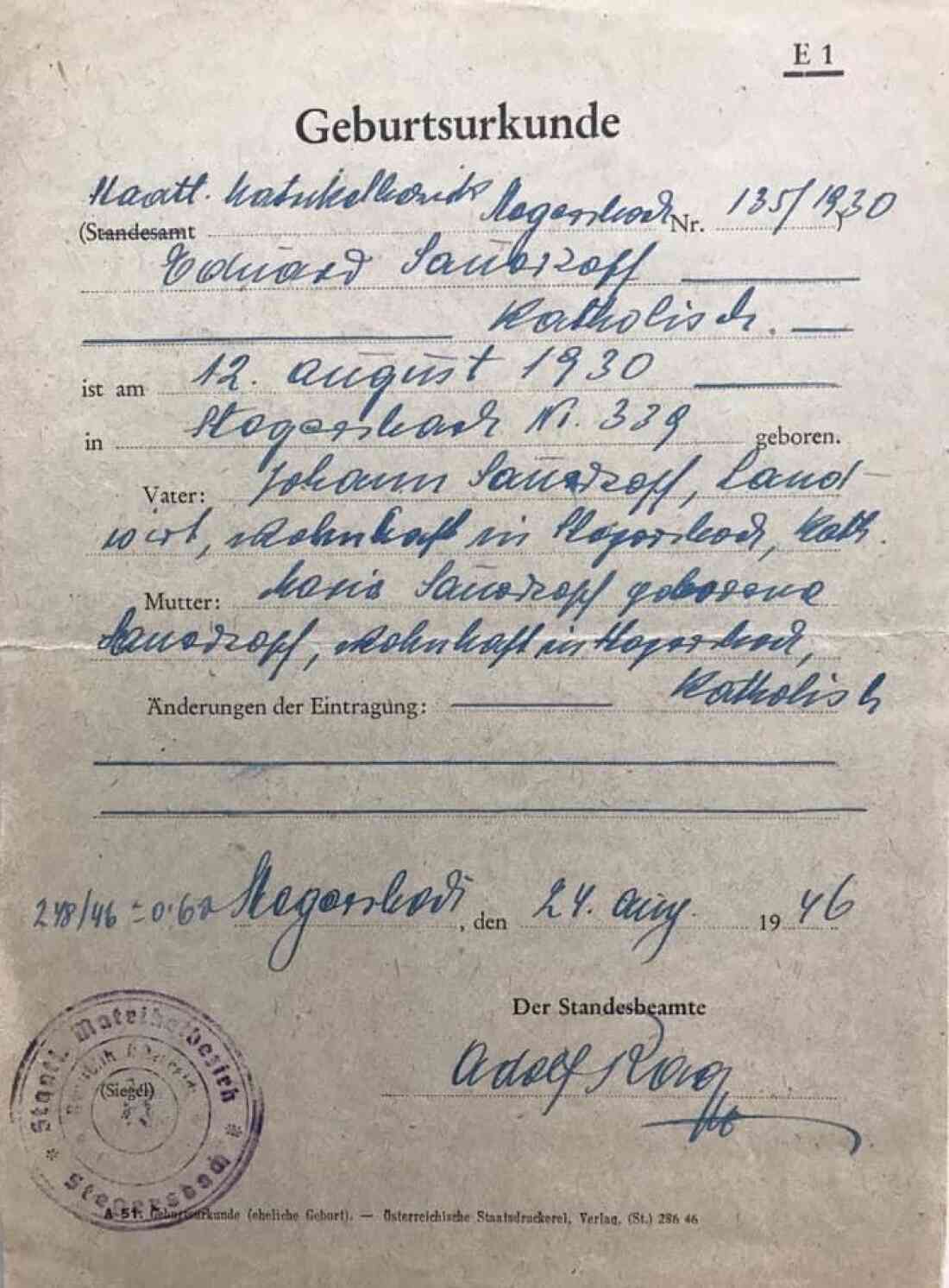 Geburtsurkunde Wie Lange Dauert Es Geburtsurkunde von Eduard Sauerzopf, geboren am 12. August 1930 in
