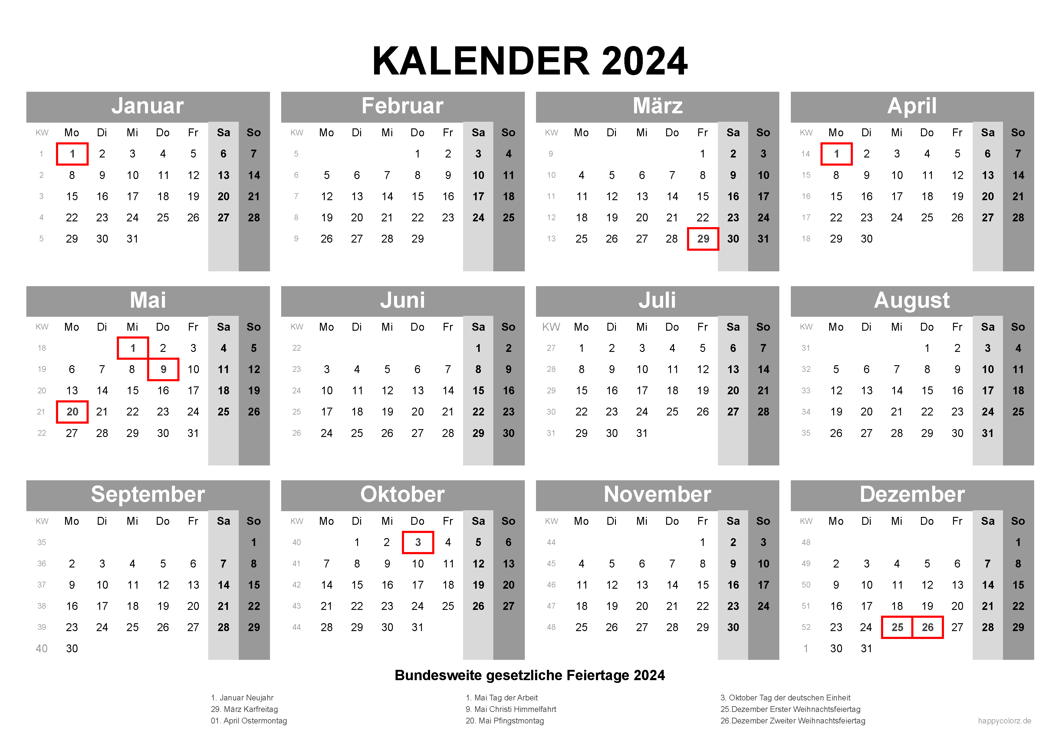 Kalender Ohne Jahr Und Wochentag Kalender 2024 mit Kalenderwochen und Feiertagen (pdf, xls & png)