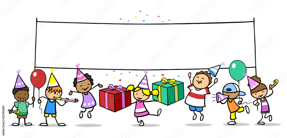 Partyservice Für Geburtstagsfeier In Der Nähe Kinder feiern Geburtstag mit Banner Stock Illustration | Adobe Stock