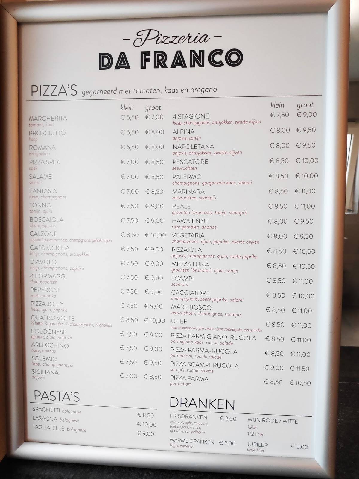 Pasta & Pizza L'antica Pizzeria Da Franco Menu at Da Franco, Peer