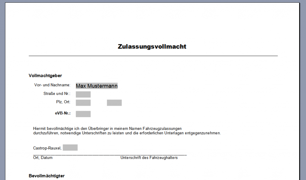 Vollmacht Zur Zulassung Eines Pkw