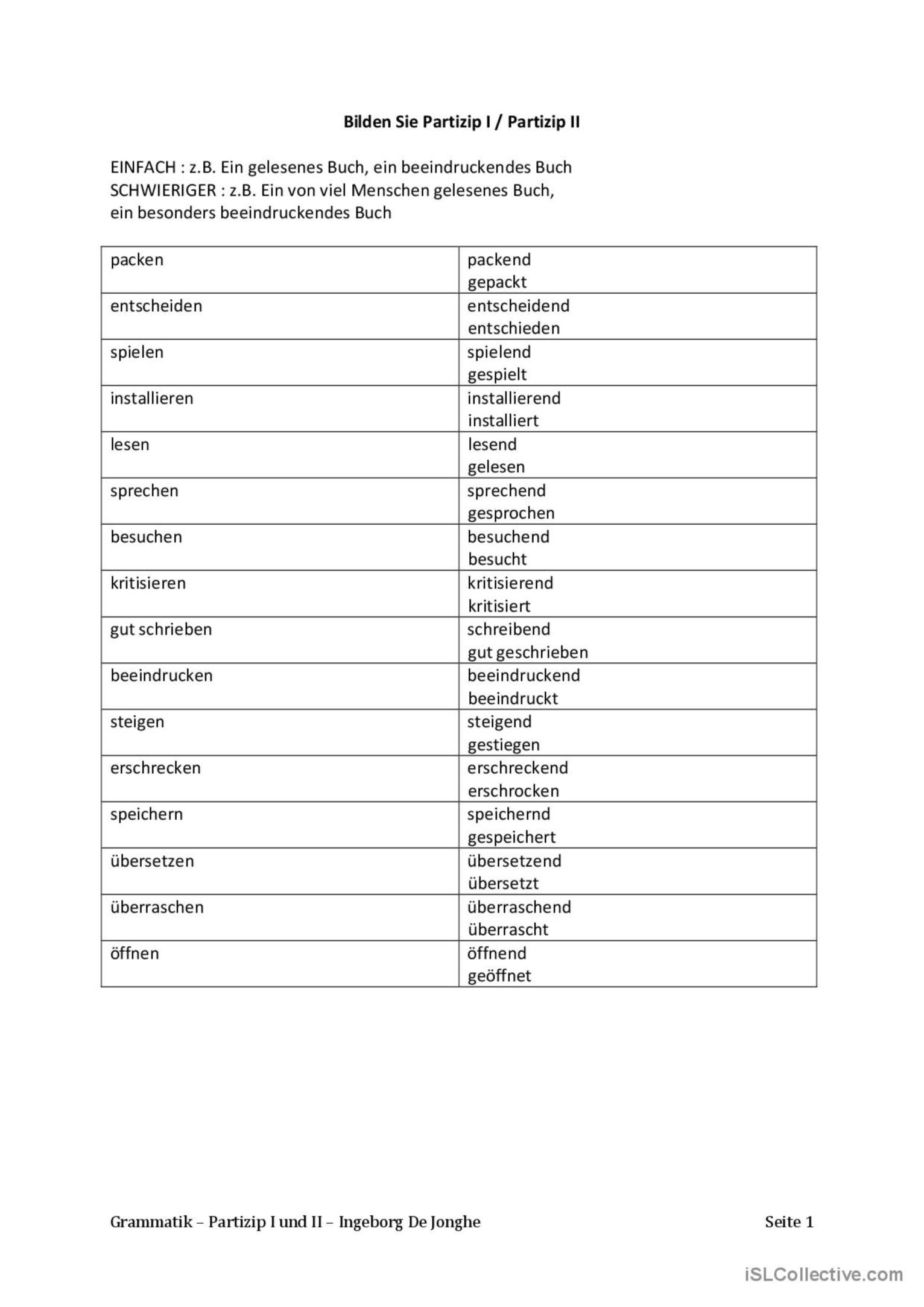 Partizip 1 Und 2 Als Adjektive übungen Partizip I und II allgemeine…: English ESL worksheets pdf & doc