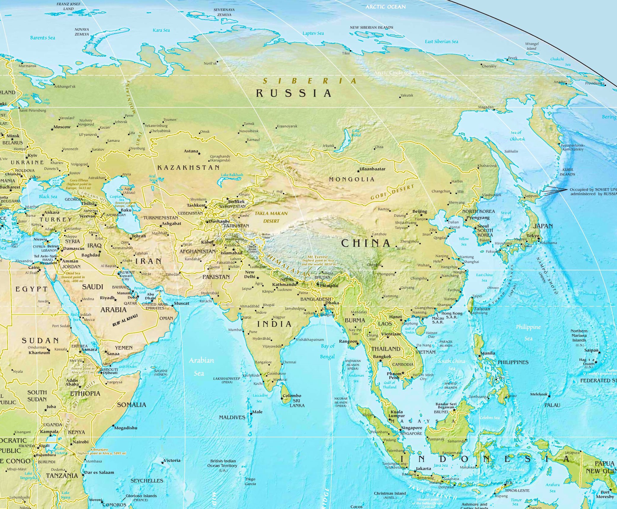 Asien Karte Mit Ländern Und Hauptstädten Physische landkarte von Asien
