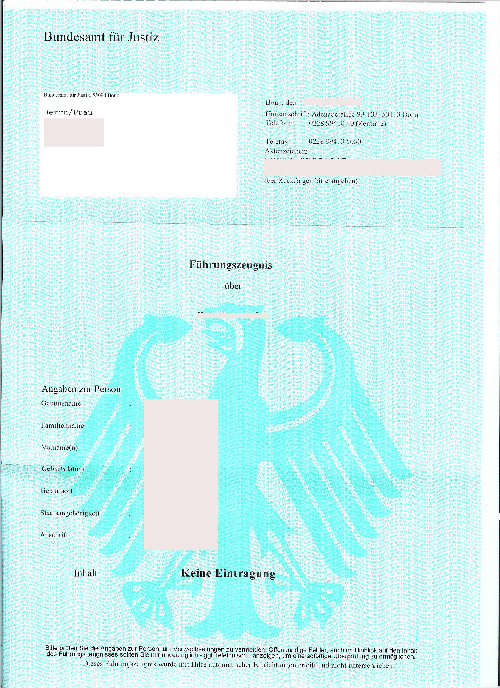 Polizeiliches Führungszeugnis Der Belegart O Polizeiliches Führungszeugnis Deutschland (DE-EN) - Musterübersetzungen