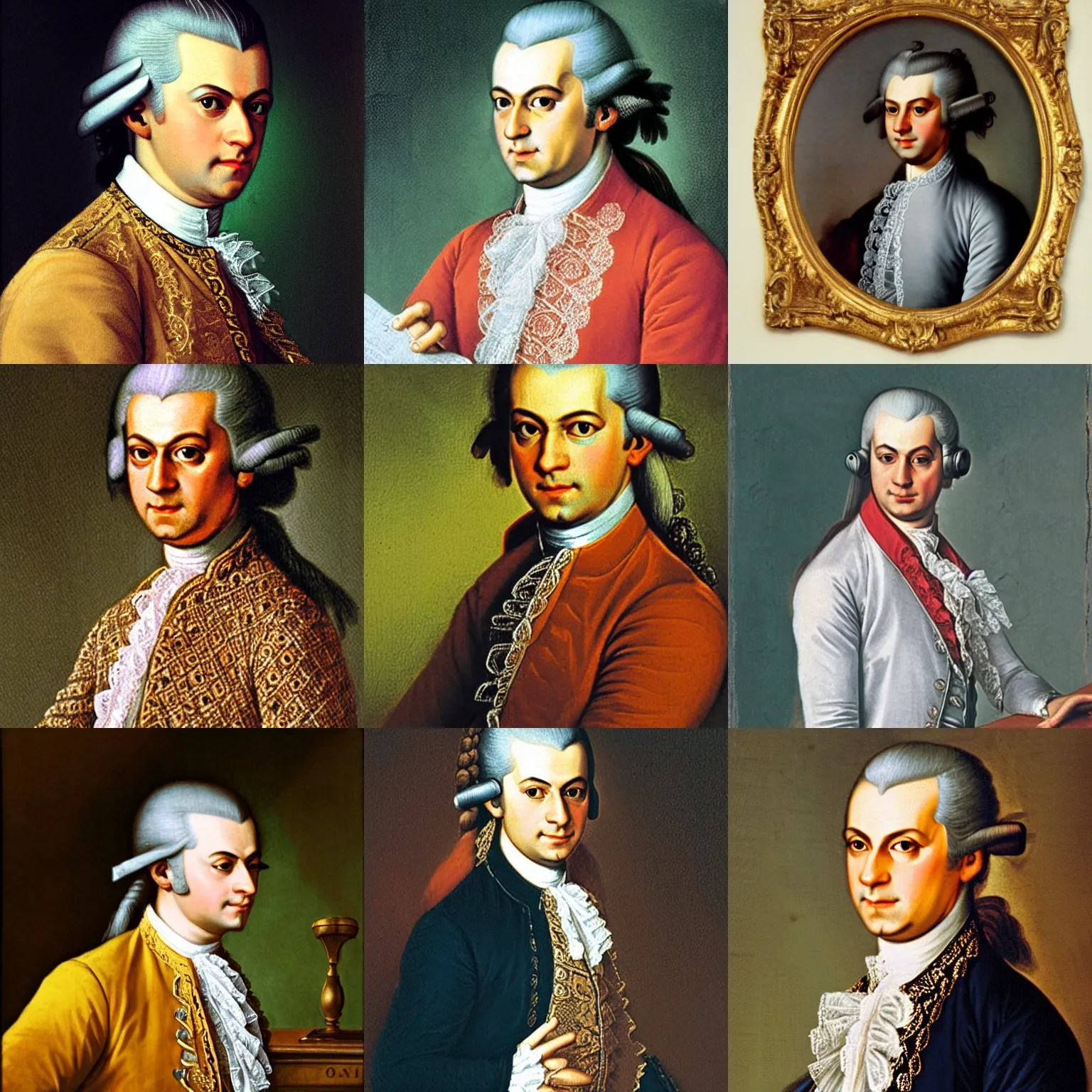 Informationen über Wolfgang Amadeus Mozart portrait of Wolfgang Amadeus Mozart wearing earpods | Stable Diffusion