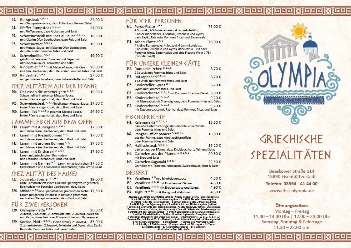 Rezensionen Für Griechisches Restaurant Olympia Mannheim Restaurant Olympia - Speisekarte