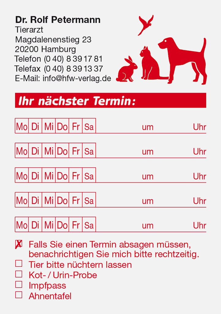 Tierarztpraxis Dr. Christine Und Peter Storck Terminzettel Motiv 5 für 5 Termine | Terminkarten / Terminzettel