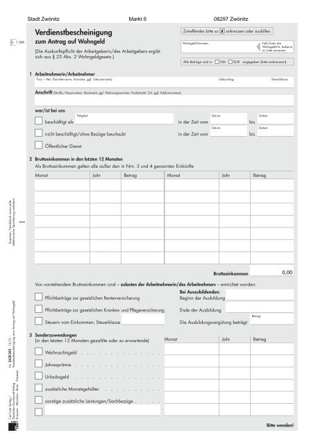 Verdienstbescheinigung Zum Antrag Auf Wohngeld Verdienstbescheinigung des Arbeitnehmers - Zwönitz