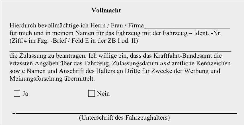 Vollmacht Zur Abholung Eines Kfz
