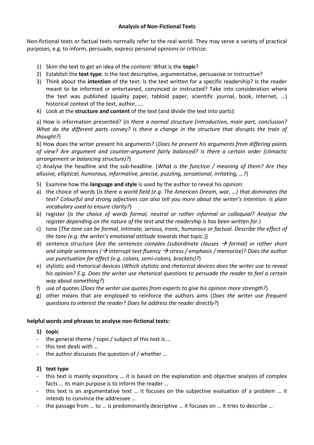 Aufbau Einer Analyse Im Englischen WT Analysis of a Non-Fictional Text – Unterrichtsmaterial im Fach